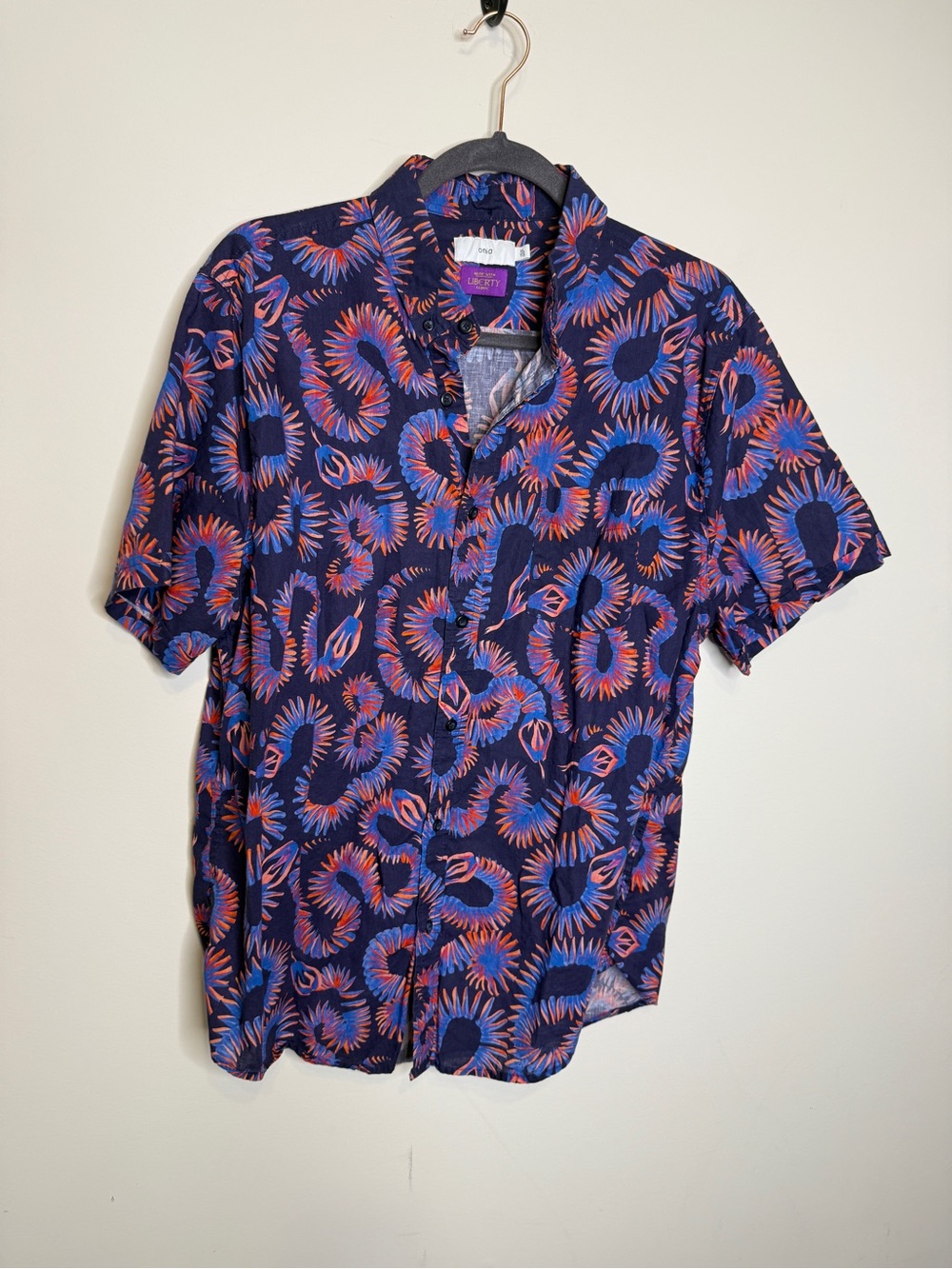 Onia Navy Short-Sleeve Button-Down with orange & Blue Swirl Print